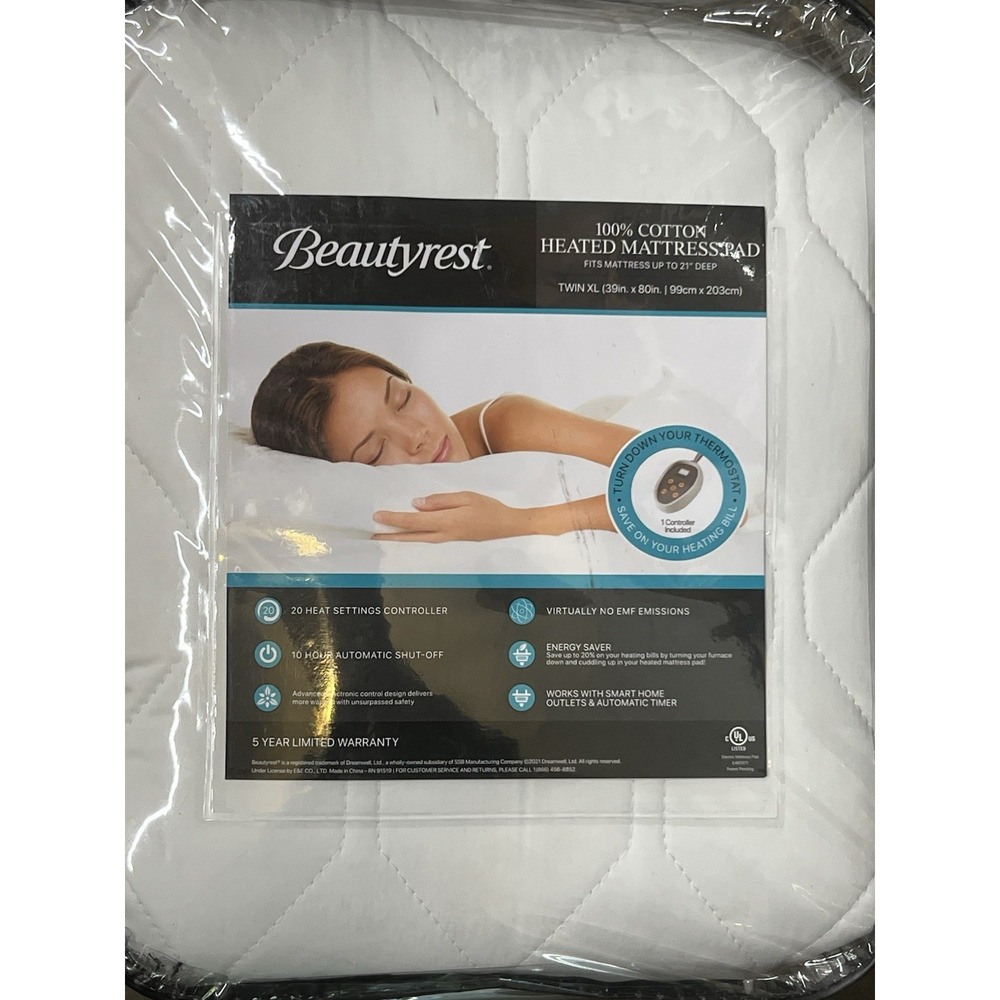 Beautyrest Cotton Blend Heated Mattress Pad Secure Comfort Twin XL, White